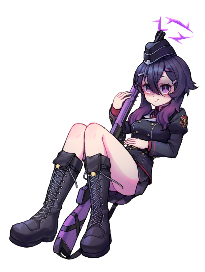 28_(282teeth) ass bad_id bad_pixiv_id black_hair blue_archive boots commentary female fp6 gradient_hair gun hair_between_eyes hair_ornament hairclip halo haruka_(blue_archive) hat highres knee_boots korean_commentary long_sleeves looking_at_viewer military military_uniform multicolored_hair parted_lips pleated_skirt purple_eyes shaded_face short_hair short_hair_with_long_locks shotgun sidelocks simple_background skirt smile solo transparent_background uniform weapon yandere