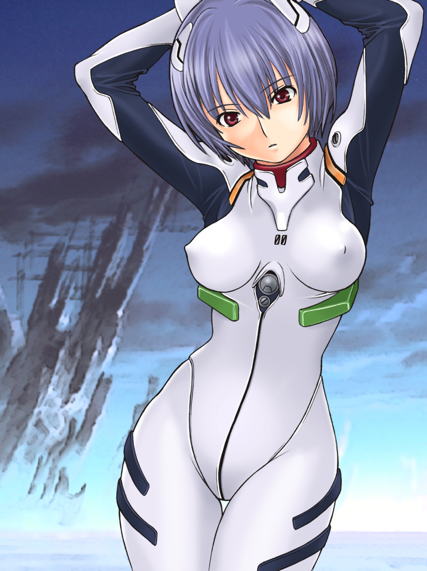 armpits arms_behind_head arms_up ayanami_rei blue_background blue_hair bodysuit breasts covered_nipples cowboy_shot expressionless female hair_between_eyes highres interface_headset large_breasts looking_ahead neon_genesis_evangelion non-web_source pilot_suit plugsuit red_eyes science_fiction senbata-rou short_hair solo standing thigh_gap white_bodysuit