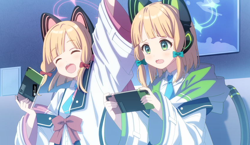 2girls animal_ear_headphones animal_ears arm_up blonde_hair blue_archive blue_necktie cat_ear_headphones cat_tail closed_eyes fake_animal_ears hair_ribbon halo handheld_game_console headphones highres holding holding_handheld_game_console ikawa_waki jacket midori_(blue_archive) momoi_(blue_archive) multiple_girls necktie nintendo_switch off_shoulder playing_games ribbon school_uniform shirt siblings sisters tail tearing_up teeth twins upper_teeth_only white_shirt