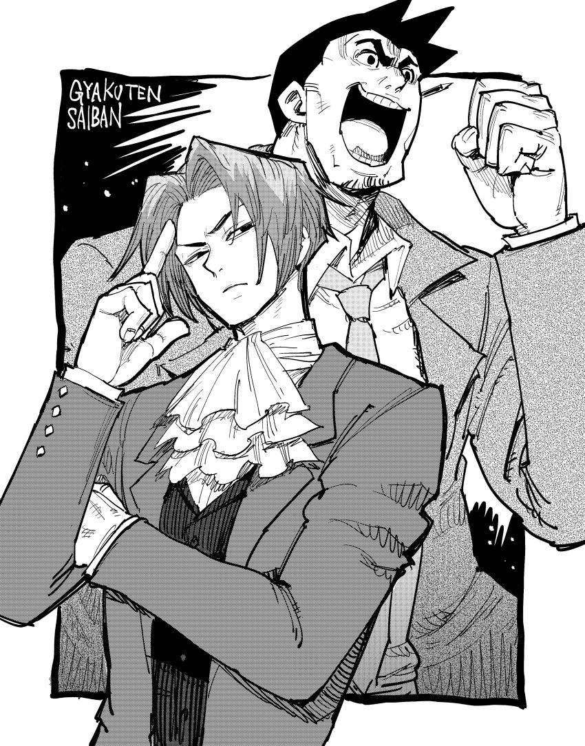 2boys :d absurdres ascot border dick_gumshoe facial_hair finger_to_head formal greyscale gyakuten_saiban highres male_focus miles_edgeworth monochrome multiple_boys nakayama_atsushi necktie object_behind_ear open_mouth outside_border pencil short_hair smile stubble suit upper_body white_border