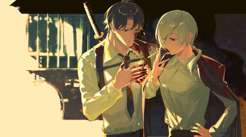 1boy black_hair black_necktie blood blood_on_clothes blood_on_face blood_on_hands breasts chainsaw_man chest_belt cigarette coat coat_on_shoulders collared_shirt curtained_hair eyepatch female hand_on_own_hip harness highres katana kishibe_(chainsaw_man) kishibe_(young)_(chainsaw_man) long_hair long_sleeves looking_at_object medium_breasts necktie one_eye_closed one_eye_covered ponytail quanxi_(chainsaw_man) scar shirt short_hair sleeve_cuffs smoking strap sweat sweatdrop sword tuzaixia weapon weapon_on_back white_hair white_shirt