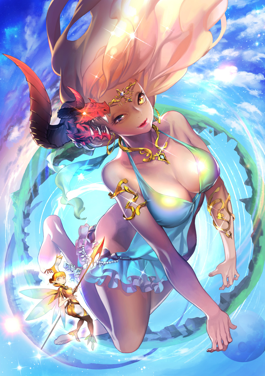 absurdres armlet ass bare_shoulders barefoot beach bikini blonde_hair blue_sky bracelet breasts cleavage cloud commentary dark_skin day dragon_horns dress english_commentary fairy fairy_wings flying hair_ornament heterochromia highres horns jewelry large_breasts lips long_hair looking_at_viewer lucy_(bechoco) multiple_girls nail_polish necklace ocean orange_hair original outdoors short_hair sky smile sparkle swimsuit water wings yellow_eyes