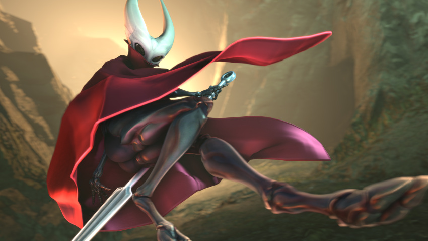 16:9 2022 3d_(artwork) 4k absurd_res action_pose anthro arthropod ass black_eyes cloak cloak_only clothed clothing compound_eyes dark_body digital_media_(artwork) exoskeleton female fingers hi_res hollow_knight hornet_(hollow_knight) melee_weapon polearm pose red_clothing solo source_filmmaker_(artwork) spear team_cherry upskirt voui weapon widescreen