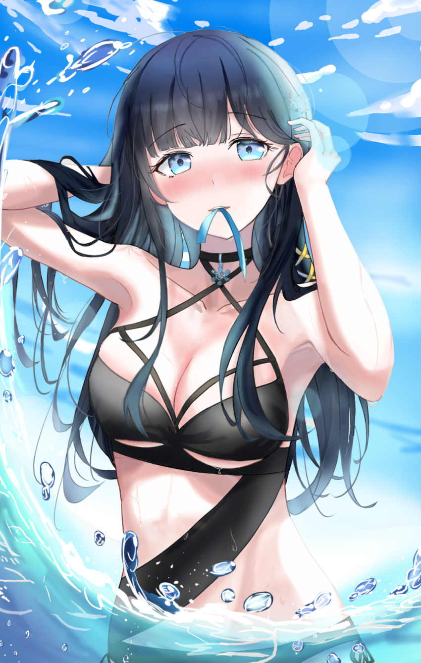 azureareas17 black_hair blue_eyes breasts cleavage cloud female highres long_hair mahouka_koukou_no_rettousei shiba_miyuki sky solo swimsuit water wet