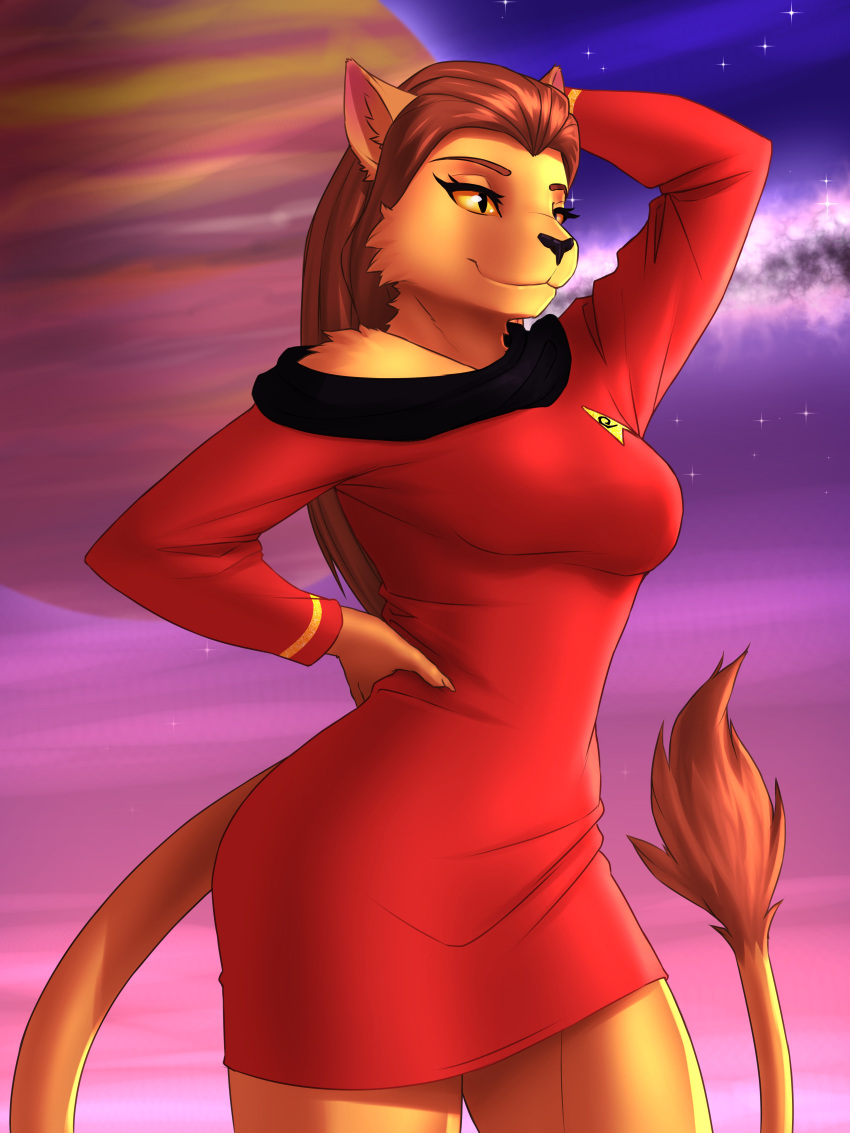 2022 3:4 absurd_res alien anthro arm_tuft breasts brown_body brown_fur brown_hair caitian clothing exposure_variation eyebrows eyelashes felid female fur hair hand_on_hip hi_res inner_ear_fluff long_hair m'ress mammal mykegreywolf planet portrait pupils shoulder_tuft slit_pupils solo star_trek star_trek_the_animated_series starfleet_uniform tail tail_tuft three-quarter_portrait tuft uniform yellow_sclera