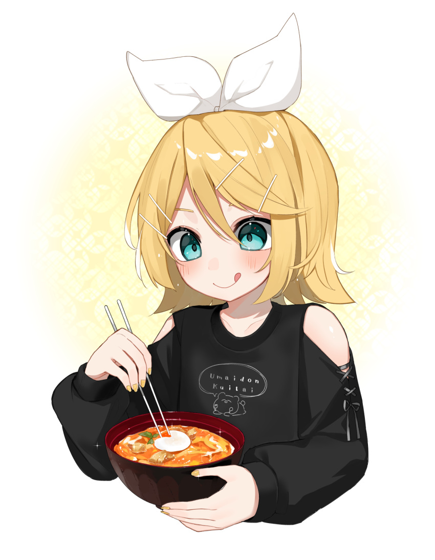 :q bare_shoulders black_shirt blonde_hair blue_eyes blush bowl chopsticks closed_mouth clothes_writing clothing_cutout commentary cropped_torso female food hair_between_eyes hair_ornament hair_ribbon hairclip highres holding holding_bowl holding_chopsticks kagamine_rin long_sleeves oyakodon_(food) puffy_long_sleeves puffy_sleeves reirou_(chokoonnpu) ribbon romaji_text shirt shoulder_cutout smile solo symbol-only_commentary tongue tongue_out translated upper_body vocaloid white_ribbon