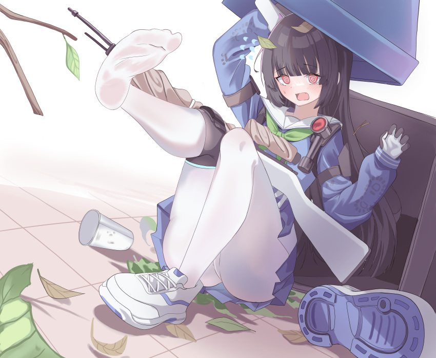 @_@ absurdres animal_ears arm_up ass black_hair blue_archive blunt_bangs bolt_action cake_walker commentary_request fake_animal_ears fallen_down feet female gun hairband highres leaf leaf_on_head legs long_hair long_sleeves looking_at_viewer miyu_(blue_archive) mosin-nagant no_shoes panties panties_under_pantyhose pantyhose pleated_skirt rabbit_ears recycle_bin red_eyes rifle school_uniform serafuku shoes shoulder_belt sidelocks skirt sneakers sniper_rifle soles solo surprised toes trash_can underwear weapon white_pantyhose