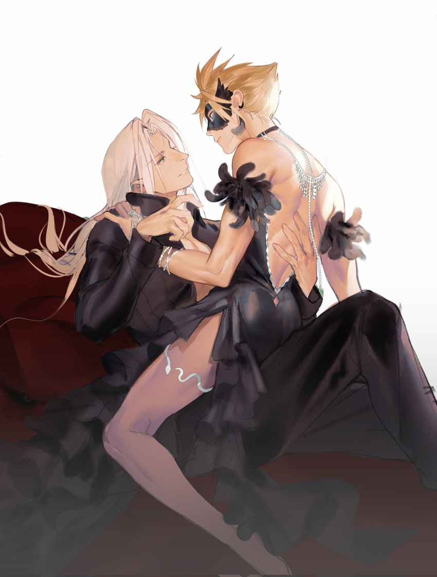 2boys bad_id bad_twitter_id blonde_hair bracelet chinese_commentary cloud_strife collar commentary_request crossdressing feathers final_fantasy final_fantasy_vii final_fantasy_vii_remake grey_hair highres jewelry long_hair male_focus mask masquerade_mask multiple_boys sephiroth sitting sitting_on_lap sitting_on_person xianyu314