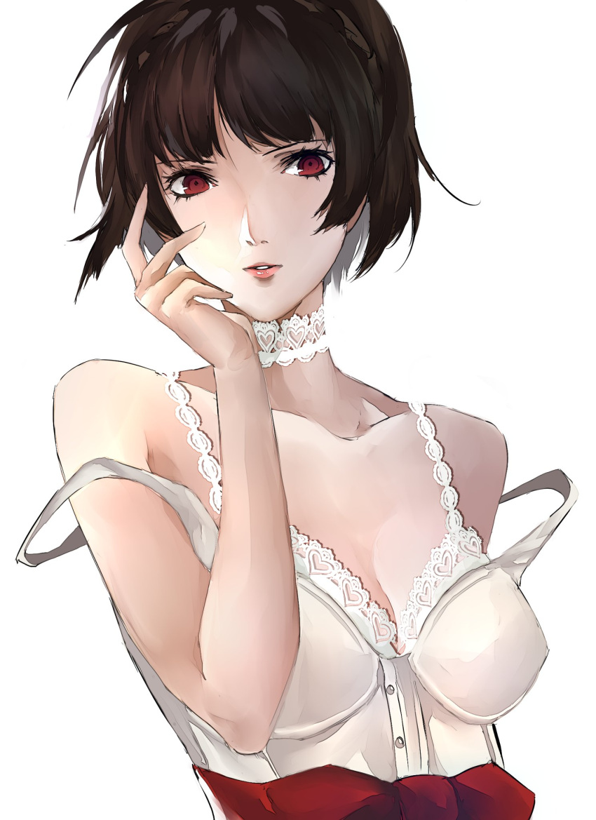 arm_up atlus bad_id bad_twitter_id bare_shoulders bow braid breasts brown_hair catherine catherine_(cosplay) catherine_(game) cleavage collar collarbone company_connection cosplay crown_braid english_commentary female hand_on_own_face highres lips looking_at_viewer medium_breasts niijima_makoto persona persona_5 pertex_777 red_bow red_eyes red_ribbon ribbon short_hair simple_background solo white_background white_collar