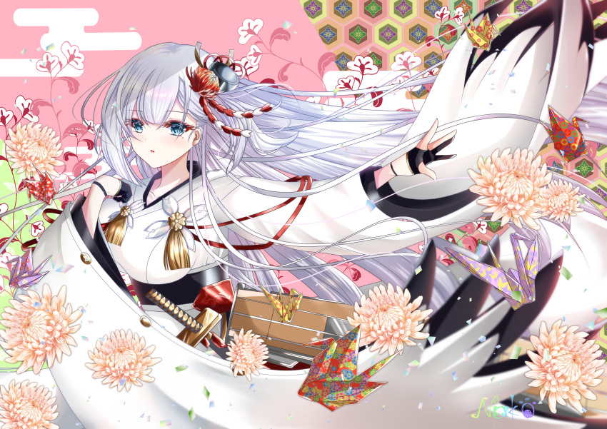 absurdres azur_lane blue_eyes female flower gloves hair_flower hair_ornament highres long_hair mole mole_under_eye nako_nya origami paper_crane partially_fingerless_gloves sheath sheathed shoukaku_(azur_lane) solo very_long_hair white_hair wide_sleeves