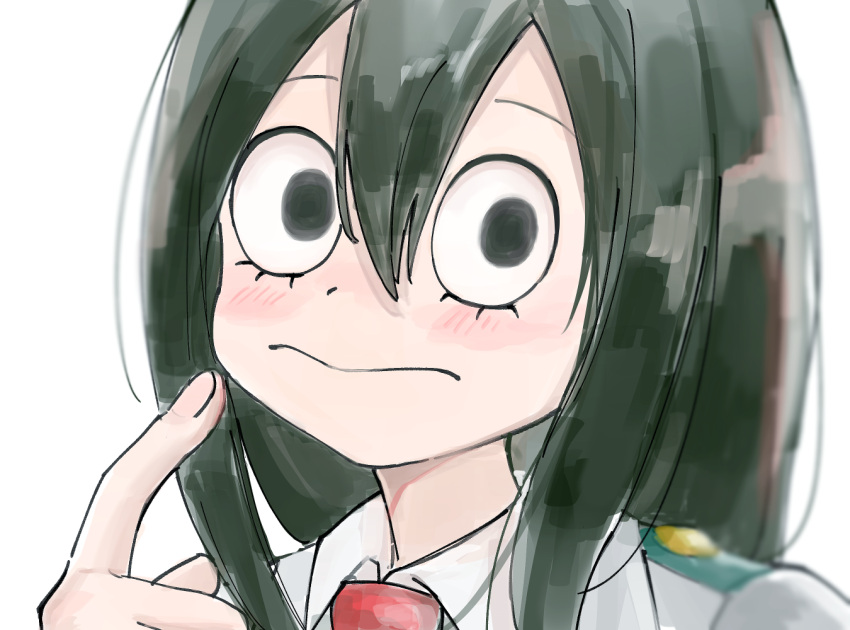 :> asui_tsuyu boku_no_hero_academia closed_mouth commentary_request female finger_to_mouth green_eyes green_hair hair_between_eyes long_hair low-tied_long_hair necktie partial_commentary red_necktie school_uniform solo u.a._school_uniform uzura_(piroro-foo) white_background