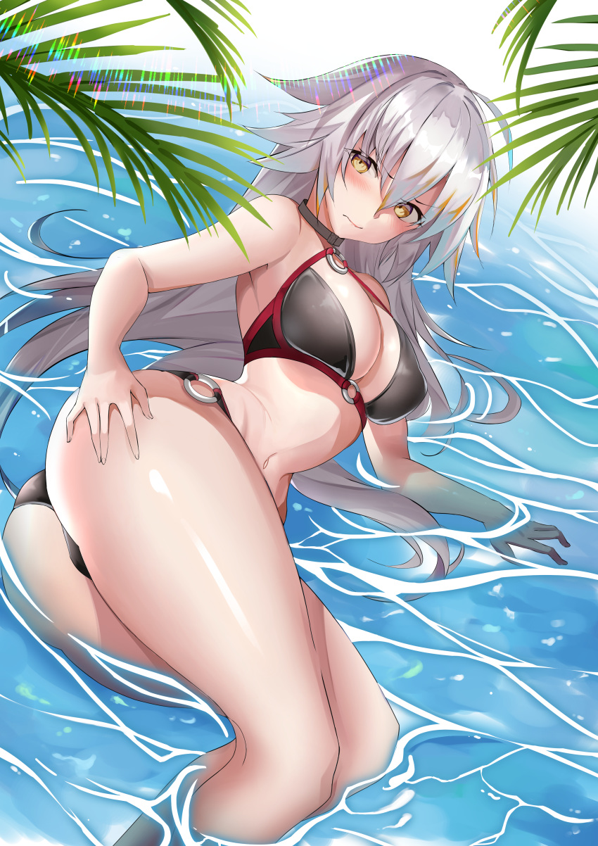 absurdres ahoge bikini black_bikini black_choker breasts choker cleavage closed_mouth commentary day english_commentary fate/grand_order fate_(series) female grey_hair highres jeanne_d'arc_alter_(fate) jeanne_d'arc_alter_(swimsuit_berserker)_(fate) large_breasts light_rays long_hair lying lying_on_water navel o-ring o-ring_bikini o-ring_bottom o-ring_top on_side outdoors palms pat_bharasarn shallow_water swimsuit very_long_hair water yellow_eyes