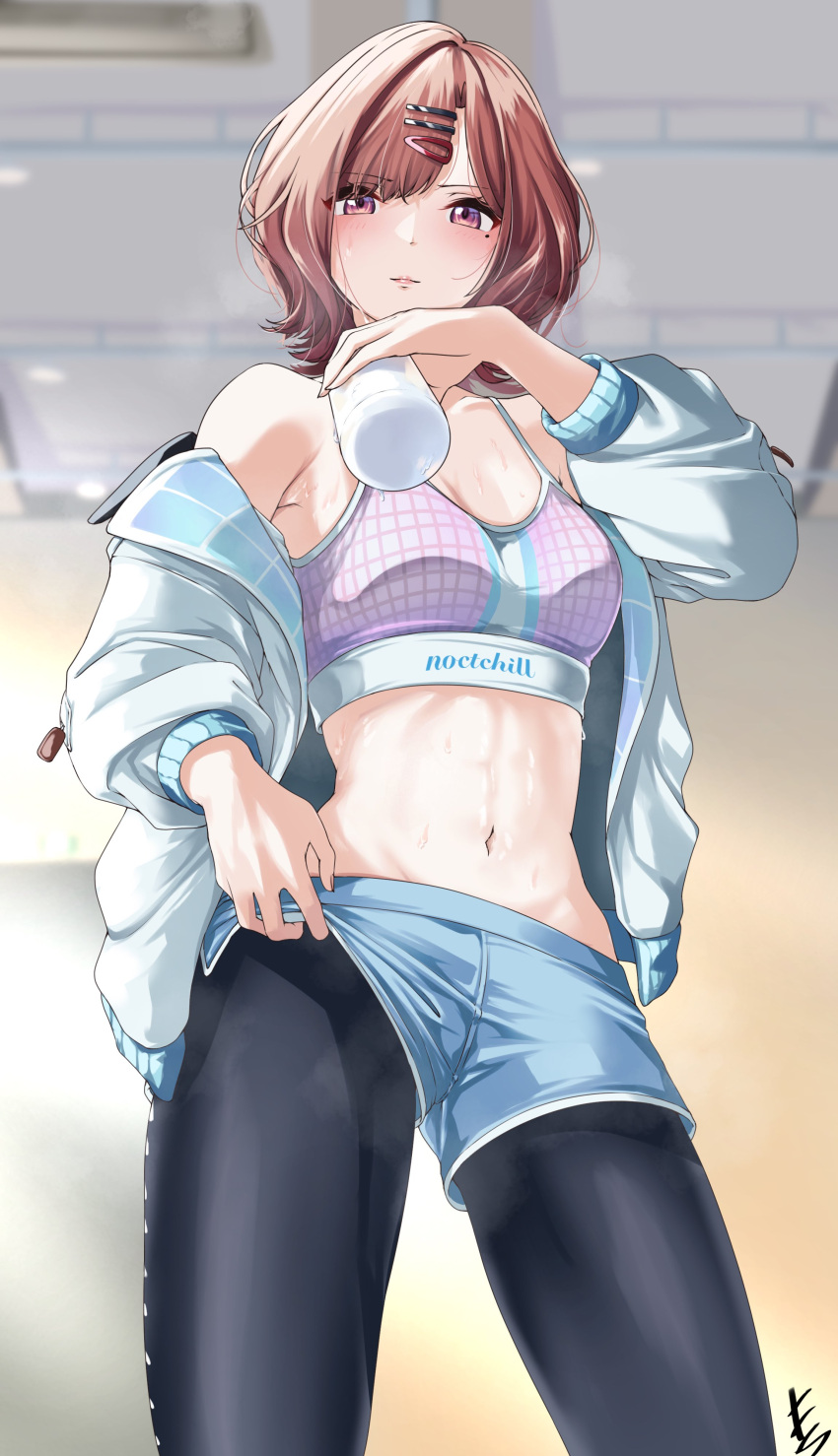 absurdres arknights armpit_crease bad_id bad_twitter_id black_leggings blue_poison_(arknights) blue_poison_(arknights)_(cosplay) blue_poison_(shoal_beat)_(arknights) blue_shorts blurry blurry_background blush bottle breasts commentary cosplay endo_yohane female hair_ornament hairclip hairpin highres higuchi_madoka holding holding_bottle idolmaster idolmaster_shiny_colors indoors jacket jacket_partially_removed leggings leggings_under_shorts looking_at_viewer looking_down mole mole_under_eye navel red_eyes red_hair shorts shorts_lift small_breasts solo sports_bra steaming_body stomach sweatdrop white_jacket