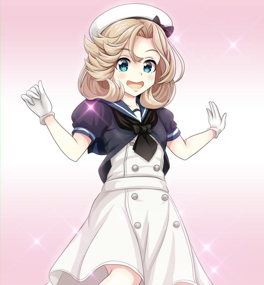 black_neckwear black_shirt blonde_hair blue_eyes blue_sailor_collar commentary_request cowboy_shot dress female gloves gradient gradient_background hat highres janus_(kantai_collection) kantai_collection looking_at_viewer open_mouth pink_background sailor_collar sailor_dress sailor_hat shirt short_hair short_sleeves solo sparkle tk8d32 white_dress white_gloves white_headwear