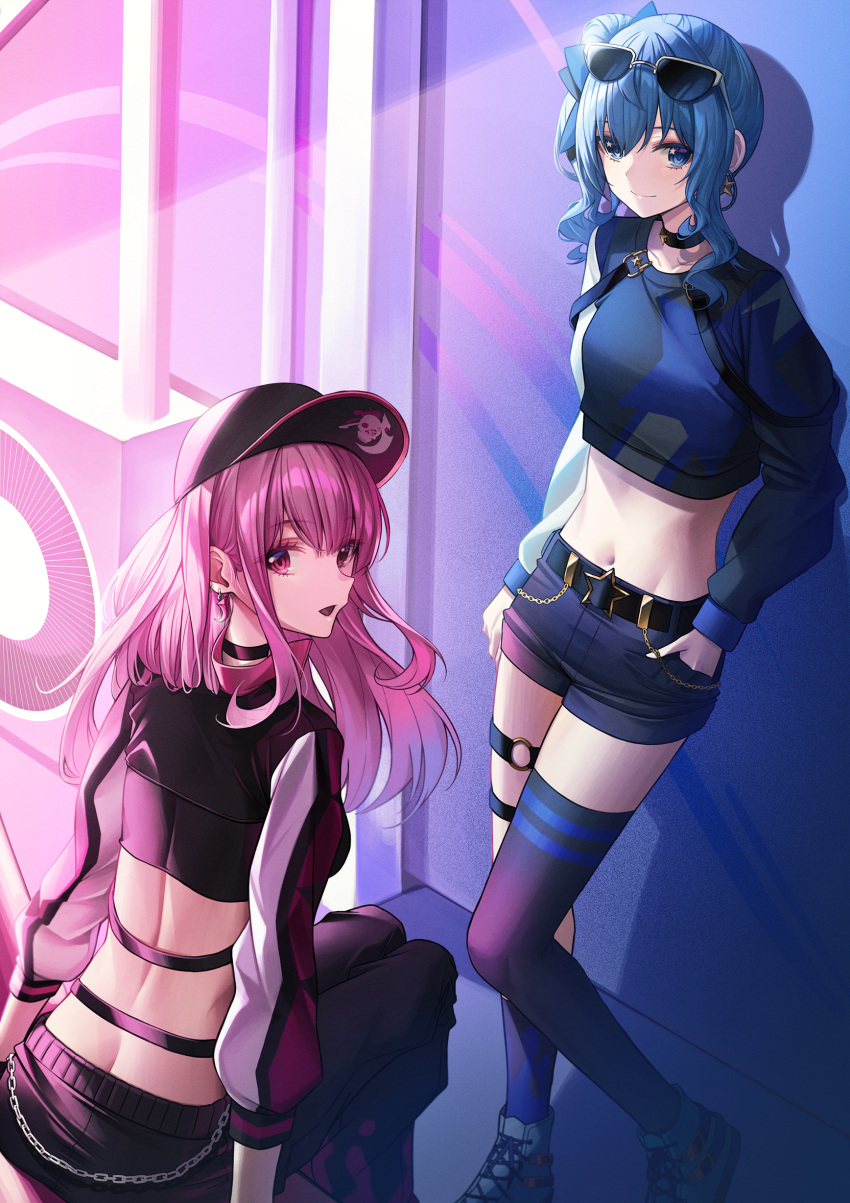 2girls absurdres against_wall back baseball_cap belt black_choker black_pants black_sweater blue_hair blue_shorts blue_socks blue_sweater breasts butt_crack capsule_(hololive) chains choker closed_mouth crop_top cropped_sweater earrings eyewear_on_head hand_in_pocket hat highres hololive hololive_english hoshimachi_suisei jewelry leaning_back long_hair looking_at_viewer medium_hair midriff mori_calliope mori_calliope_(streetwear) multiple_girls navel neon_palette o-ring o-ring_thigh_strap open_mouth pants pink_hair shoes shorts side_ponytail sidelocks single_thighhigh sitting sneakers socks sora_(men0105) standing star_(symbol) star_earrings star_in_eye stomach sunglasses sweater symbol-shaped_pupils symbol_in_eye thigh_strap thighhighs virtual_youtuber