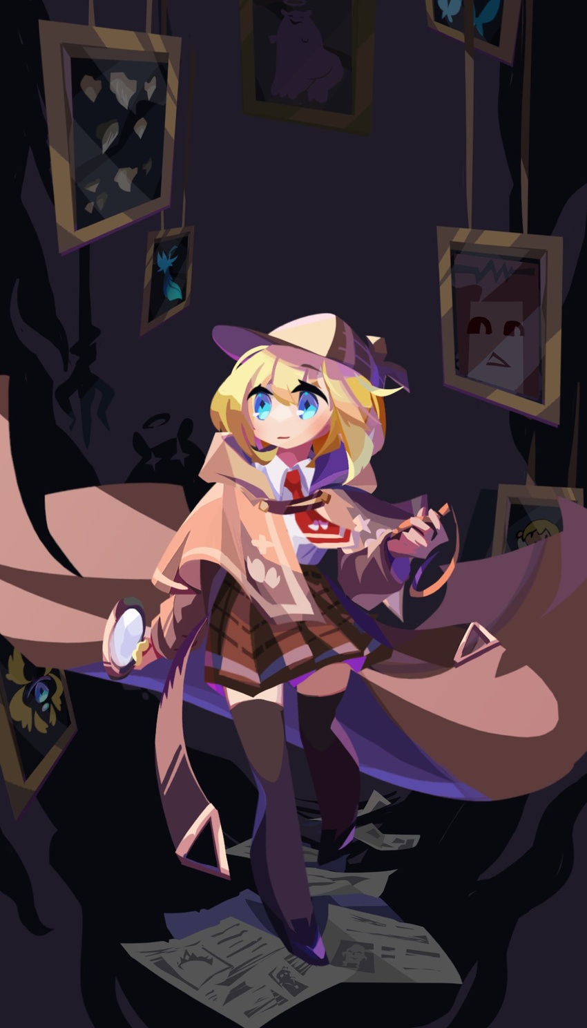 black_thighhighs blonde_hair blue_eyes bob_cut breasts capelet chibi coat commentary detective feathers female halo highres holding hololive hololive_english long_sleeves magnifying_glass mcnuggies_(meme) medium_breasts meme necktie newspaper painting_(object) parody plaid plaid_skirt pocket_watch polearm red_necktie seashell shell shirt silhouette skirt smol_ame solo style_parody takodachi_(ninomae_ina'nis) thighhighs trench_coat trident virtual_youtuber walfie_(style) watch watson_amelia watson_amelia_(1st_costume) weapon when_you_see_it white_shirt xyzal zettai_ryouiki