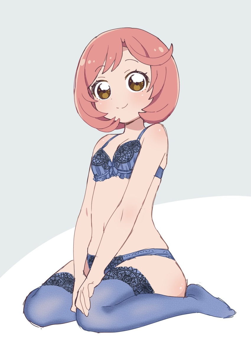 ahoge ayase_naru bad_id bad_twitter_id blue_bra blue_panties blue_thighhighs bra breasts breasts_squeezed_together brown_eyes cleavage commentary female full_body grey_background hands_on_own_knees highres kiratto_pri_chan lace-trimmed_bra lace-trimmed_legwear lace-trimmed_panties lace_trim lingerie multicolored_background navel panties pink_hair pretty_rhythm pretty_rhythm_rainbow_live pretty_series rn10r shiawase_naru shiny_skin short_hair simple_background sitting small_breasts smile solo thighhighs two-tone_background underwear underwear_only wariza white_background