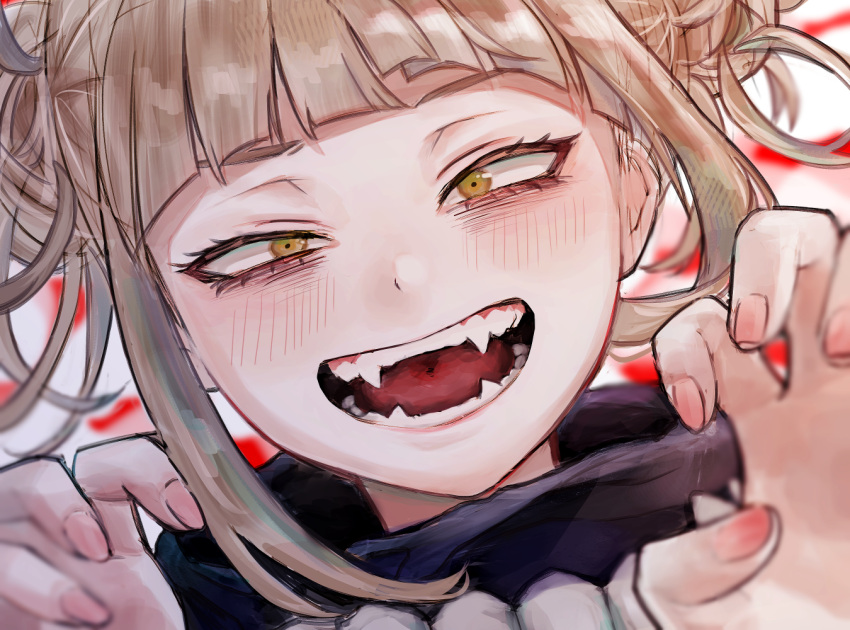 blonde_hair blunt_bangs blush boku_no_hero_academia cardigan commentary double_bun eyeliner fangs female hair_bun looking_at_viewer makeup messy_hair open_mouth sanpaku school_uniform short_hair sidelocks slit_pupils smile solo teeth toga_himiko tongue uzura_(piroro-foo) yellow_cardigan yellow_eyes