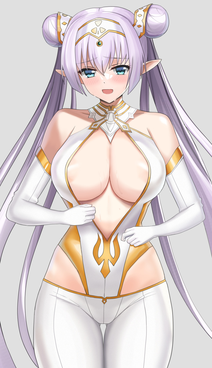 absurdres areola_slip bare_shoulders blue_eyes blush breasts britomart_(fate) britomart_(second_ascension)_(fate) center_opening cleavage double_bun elbow_gloves fate/grand_order fate_(series) female gloves gold_trim grey_hair hair_bun hairband highleg highleg_leotard highres higofushi large_breasts leotard long_hair looking_at_viewer o-ring open_mouth pants pointy_ears smile solo taut_clothes thighs tight_clothes tight_pants twintails very_long_hair white_gloves white_leotard white_pants