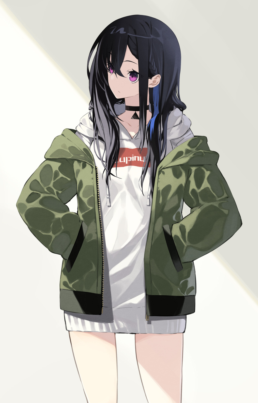 black_hair braid choker female hands_in_pockets highres hood hooded_jacket hoodie ichinose_uruha ichinose_uruha_(2nd_costume) jacket long_hair lupinus_virtual_games open_clothes open_jacket purple_eyes senmu_(senmudayo) solo virtual_youtuber vspo!