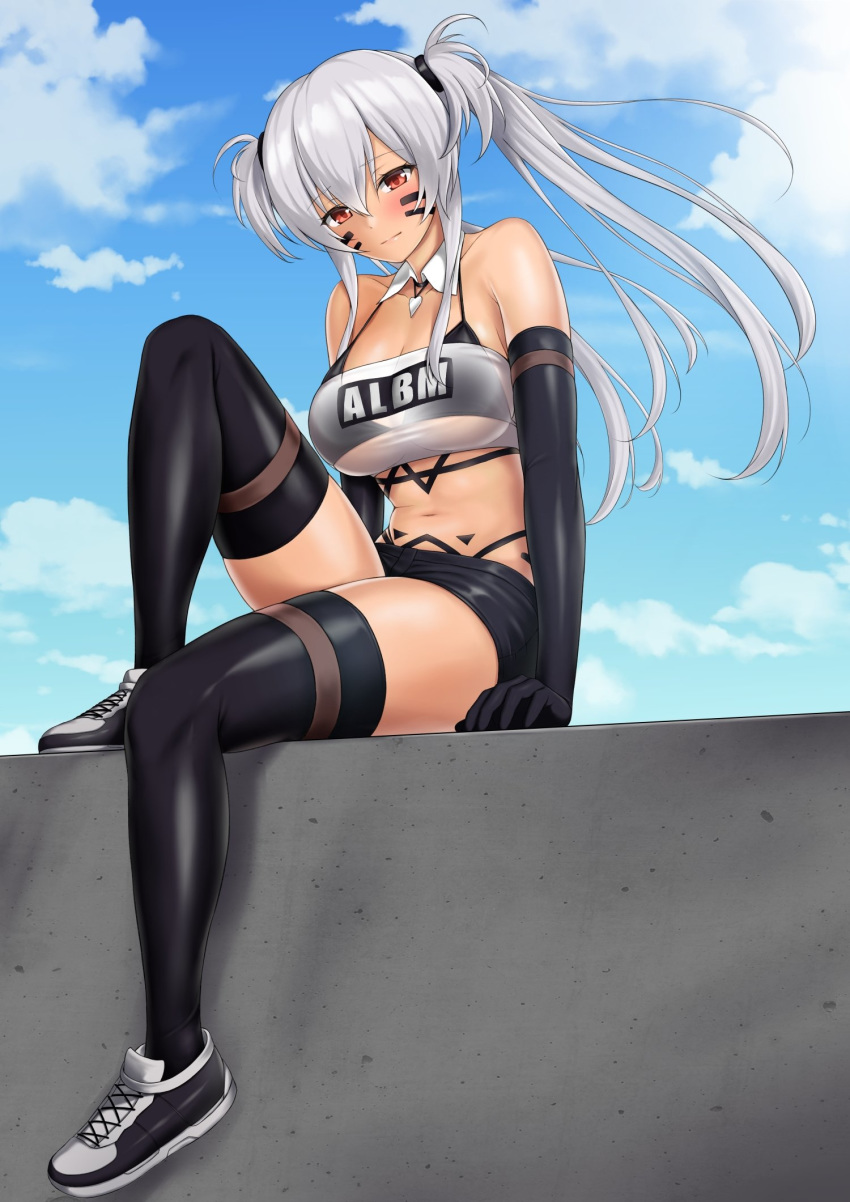 alabama_(azur_lane) azur_lane bandeau bare_shoulders bikini bikini_top_only bikini_under_clothes black_bikini black_thighhighs blue_sky blush bodypaint breasts cloud dark-skinned_female dark_skin day detached_collar elbow_gloves facepaint female gloves grey_hair highleg highleg_bikini highleg_panties highres kamui_aya large_breasts native_american navel outdoors panties pencil_skirt red_eyes shoes sitting_on_wall skirt sky sneakers solo strapless string_bikini swimsuit thighhighs thong thong_bikini tube_top twintails underwear wall