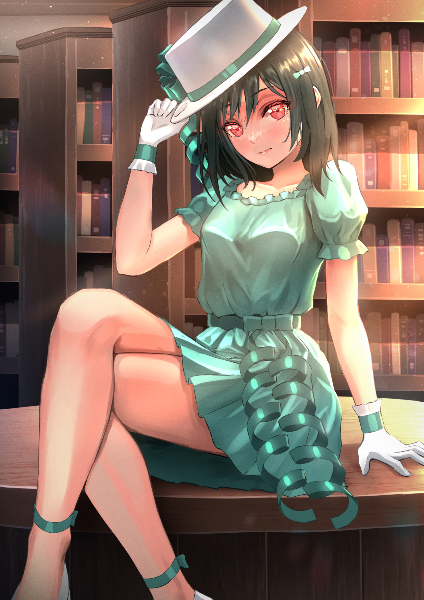 absurdres adjusting_clothes adjusting_headwear ankle_strap aqua_bow aqua_dress arm_at_side arm_support black_hair blush bow closed_mouth crossed_legs dress emotion_(love_live!) english_commentary evening feet_out_of_frame female gloves green_ribbons hand_up hat hat_bow hat_ribbon hat_tip highres indoors legs library looking_at_viewer love_live! love_live!_nijigasaki_high_school_idol_club medium_hair mifune_shioriko notinversion on_table puffy_short_sleeves puffy_sleeves red_eyes ribbon short_dress short_sleeves sidelighting sitting sitting_on_table solo table tsurime waist_bow waist_ribbon white_footwear white_gloves white_hat wooden_table