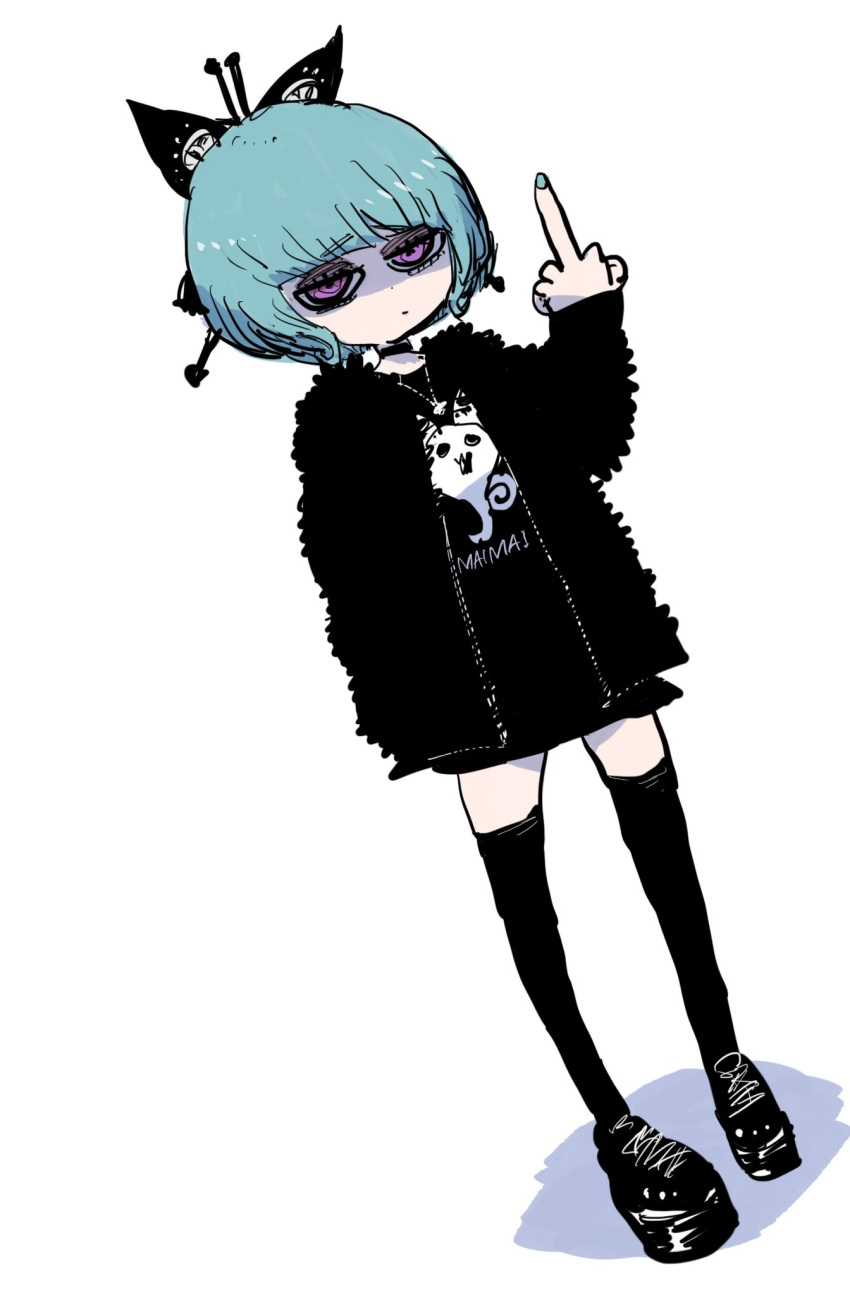 black_coat black_footwear black_shirt blue_hair choker coat female fur_coat hair_ornament highres kinmonbashi_manten middle_finger nakayama_atsushi purple_eyes shirt solo suicide_girl thighhighs