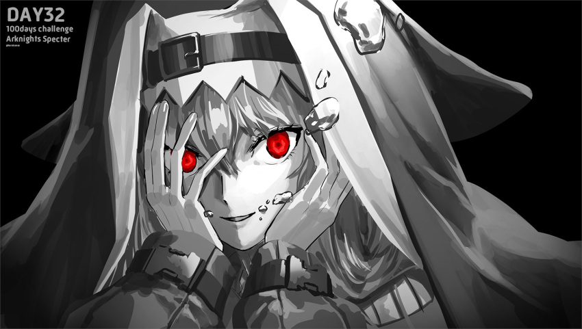 arknights black_background female habit hands_on_own_cheeks hands_on_own_face highres long_hair long_sleeves looking_at_viewer makkuro monochrome nun parted_lips red_eyes simple_background solo specter_(arknights) spot_color