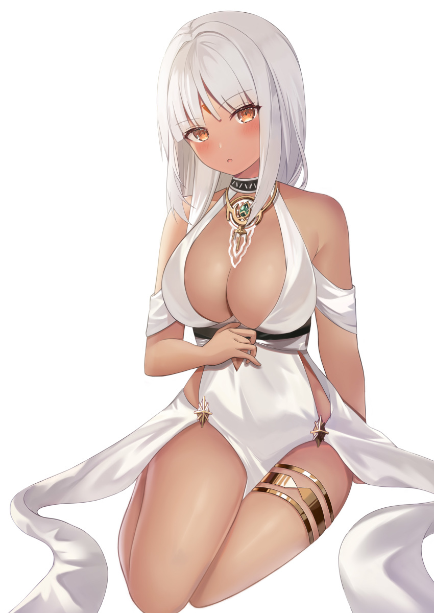 absurdres azur_lane bare_shoulders blush body_markings breasts center_opening cocktail_dress commentary dark-skinned_female dark_skin dress evening_gown facial_mark female forehead_mark gold_choker halter_dress halterneck highres large_breasts long_hair looking_at_viewer massachusetts_(azur_lane) massachusetts_(dressed_to_impress)_(azur_lane) nannann official_alternate_costume simple_background thighlet white_background white_hair yellow_eyes