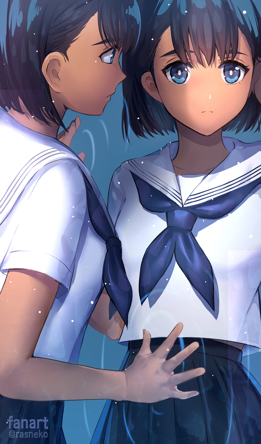 2girls black_hair blue_eyes commentary doppelganger dual_persona highres kofune_mio multiple_girls rasneko sailor_collar school_uniform serafuku shadow_mio short_hair short_sleeves summertime_render tan