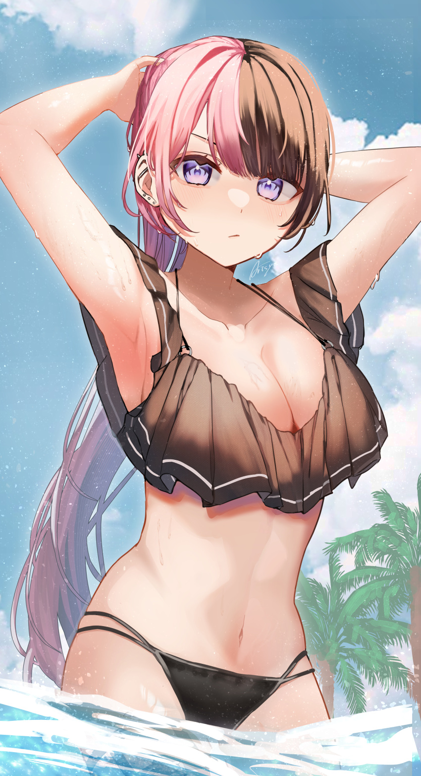 absurdres adjusting_hair arisyooon armpits arms_up bikini black_hair breasts cloud collarbone earrings female frilled_bikini frills highres iris_black_games jewelry large_breasts long_hair multicolored_hair multiple_earrings navel palm_tree pink_hair ponytail purple_eyes signature sky solo stomach swimsuit tachibana_hinano_(vtuber) tree tying_hair very_long_hair virtual_youtuber vspo! wading water wet