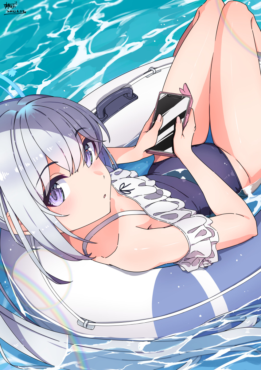 :o absurdres bare_shoulders blue_archive blue_one-piece_swimsuit blush casual_one-piece_swimsuit cellphone commentary_request dated female frilled_one-piece_swimsuit frills halo highres holding holding_phone innertube lens_flare long_hair looking_at_viewer looking_back lying miyako_(blue_archive) miyako_(swimsuit)_(blue_archive) ocean off-shoulder_one-piece_swimsuit off_shoulder official_alternate_costume one-piece_swimsuit open_mouth partial_commentary phone ponytail purple_eyes sidelocks signature smartphone smartphone_case solo spaghetti_strap sunebu_(snake_boo2) swim_ring swimsuit thigh_gap very_long_hair white_hair