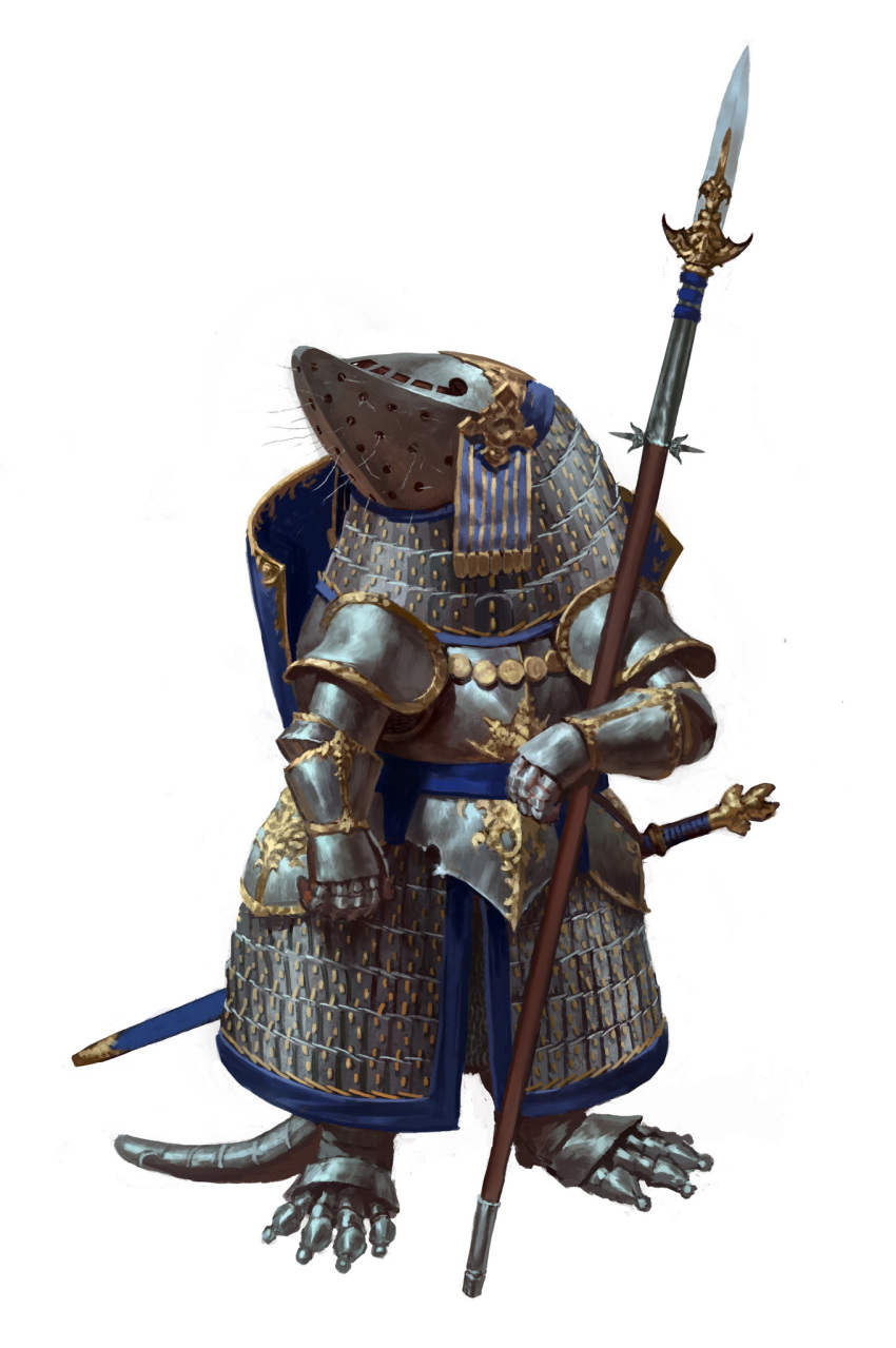 1other armor armored_boots bassinet boots breastplate chainmail commentary couter english_commentary faulds full_armor furry gauntlets greaves helmet highres holding holding_polearm holding_weapon lamellar_armor manuel_castanon naked_mole_rat original partisan_(weapon) pauldrons plate_armor polearm rerebrace scabbard sheath sheathed shoulder_armor simple_background standing sword tail_armor weapon white_background