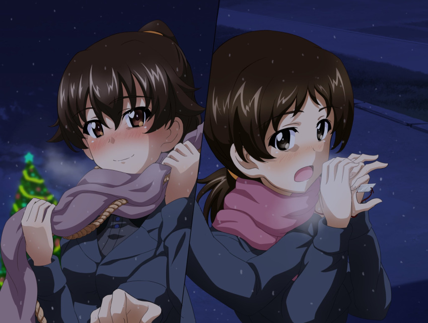 2girls blue_coat blurry blurry_background blush breath brown_eyes brown_hair christmas christmas_tree closed_mouth coat commentary depth_of_field girls_und_panzer hair_tie highres holding_hands itsumi_erika's_gunner itsumi_erika's_loader key_(gaigaigai123) long_hair long_sleeves low_twintails medium_hair multiple_girls night night_sky outdoors ponytail purple_scarf scarf sky smile star_(sky) starry_sky twintails yuri