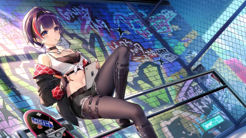 artist_request belt black_hairband black_pantyhose boots breasts choker earrings female garter_straps girl_cafe_gun gloves graffiti hair_ornament hairband highres ipad jacket jewelry knee_boots leather leather_gloves legwear_garter looking_at_viewer medium_breasts midriff navel necklace official_art pantyhose purple_hair shi_wuyou shoes short_hair shorts skateboard solo stomach tablet_pc torn_clothes yellow_eyes