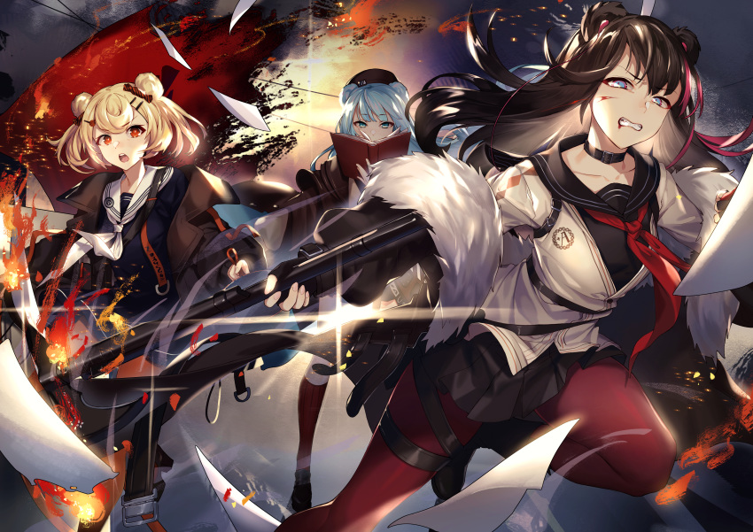 3girls absurdres animal_ears arknights axe bear_ears bear_girl black_footwear black_gloves black_hair black_sailor_collar black_skirt blonde_hair blood blood_on_face blue_eyes blue_hair book breasts brown_headwear brown_jacket candy_hair_ornament cardigan chinese_commentary choker clenched_teeth collarbone commentary_request fingerless_gloves food-themed_hair_ornament frying_pan fur-trimmed_jacket fur_trim gloves gummy_(arknights) hair_ornament highres holding holding_axe holding_book holding_frying_pan iiiroha istina_(arknights) jacket long_hair looking_at_viewer medium_breasts medium_hair multicolored_hair multiple_girls neckerchief open_mouth orange_legwear pantyhose red_eyes red_hair red_legwear red_neckerchief sailor_collar school_uniform serafuku skirt small_breasts standing streaked_hair swept_bangs teeth white_cardigan white_neckerchief white_sailor_collar zima_(arknights)