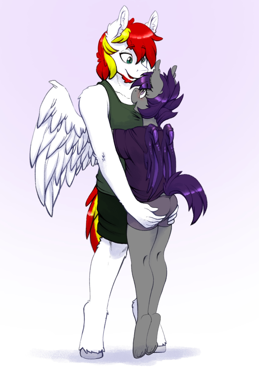 2019 anthro ass bat_pony bat_wings blush bottomwear clothing duo ear_tuft equid equine fan_character female hand_on_butt hasbro hi_res hug larger_male male male/female mammal membrane_(anatomy) membranous_wings my_little_pony mythological_creature mythological_equine mythology nolegs_(oc) pegasus replica_(artist) romantic romantic_couple shorts size_difference smaller_female summer_scorch tuft wings