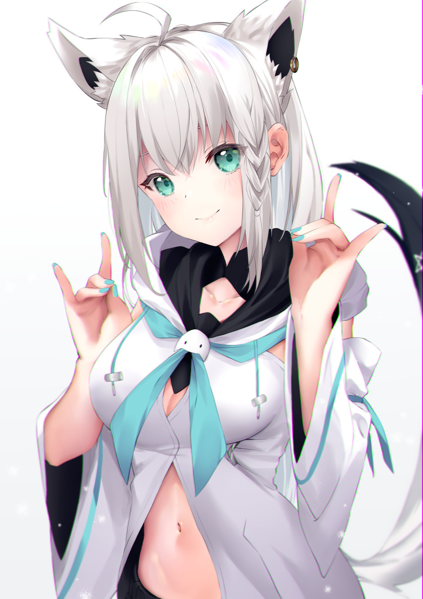 absurdres ahoge animal_ears aqua_eyes bad_id bad_pixiv_id blue_nails blue_neckerchief braid closed_mouth commentary detached_sleeves double_fox_shadow_puppet ear_piercing female fingernails fox_ears fox_girl fox_shadow_puppet fox_tail front_slit grey_hair highres hololive kurogane_tekki long_fingernails long_hair looking_at_viewer nail_polish navel neckerchief pentagram piercing shirakami_fubuki shirakami_fubuki_(1st_costume) side_braid smile solo strapless tail virtual_youtuber white_hair white_sleeves wide_sleeves