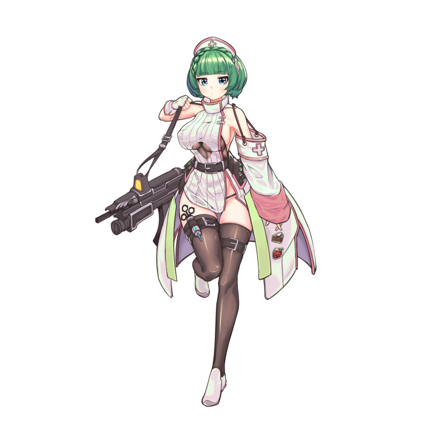 assault_rifle bangs black_legwear blue_eyes blunt_bangs breasts dress ett01024 female fingerless_gloves full_body gloves green_hair gun hat highres large_breasts last_origin looking_at_viewer nurse_cap rifle simple_background solo sweater sweater_dress syringe thighhighs vanilla_a1 weapon white_background