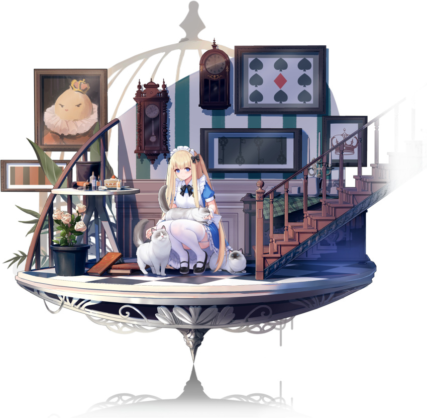 allenes animal azur_lane black_bow black_footwear blonde_hair blue_eyes bow downscaled feline female full_body garter_straps highres icarus_(at_your_service)_(azur_lane) icarus_(azur_lane) kneeling long_hair looking_at_viewer maid maid_headdress official_alternate_costume official_art resized smile thighhighs transparent_background white_garter_straps white_thighhighs