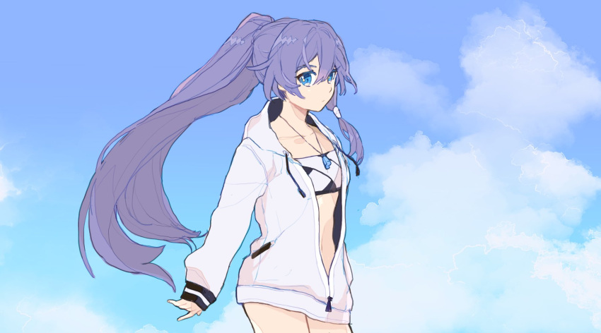 bikini black_hair blue_dress blue_eyes closed_mouth cloud cloudy_sky dress female fu_hua highres honkai_(series) honkai_impact_3rd jacket jewelry long_hair long_sleeves looking_at_viewer mogomaco necklace open_clothes open_jacket ponytail sky solo swimsuit white_bikini white_jacket