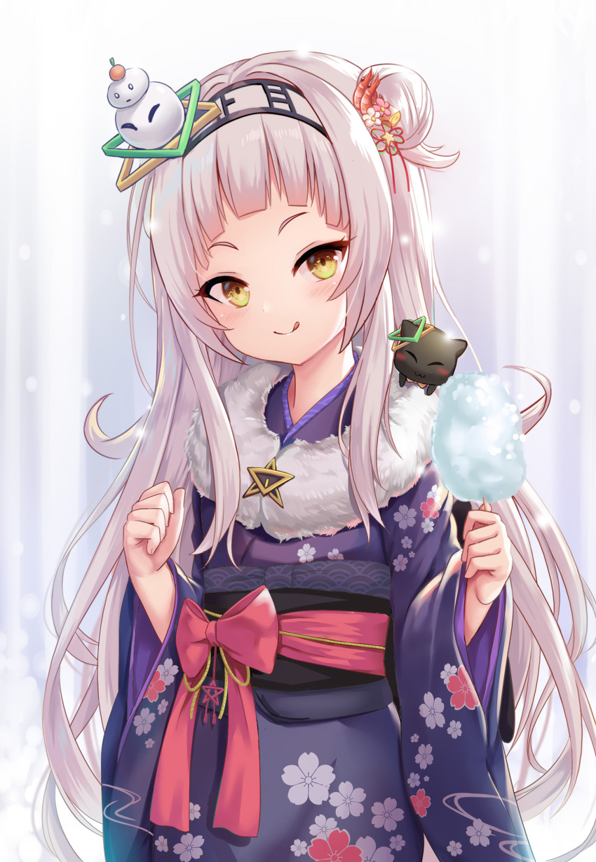 :q arched_bangs bad_id bad_pixiv_id blush closed_mouth commentary_request cotton_candy feline female grey_hair hair_bun hair_ornament hexagram_hair_ornament highres hololive japanese_clothes kimono long_hair long_sleeves looking_at_viewer milkshakework murasaki_shion murasaki_shion_(new_year) obi official_alternate_costume partial_commentary purple_kimono sash shrimp_hair_ornament single_hair_bun single_side_bun smile solo standing tongue tongue_out very_long_hair virtual_youtuber white_hair yellow_eyes