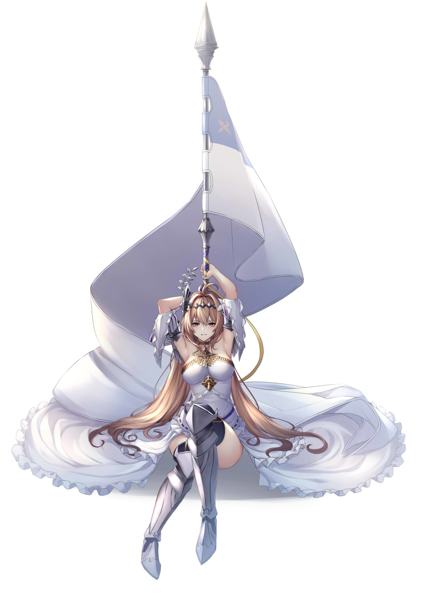 absurdres armor armpits arms_up bare_shoulders blonde_hair blue_eyes blush breasts circlet collarbone dress female full_body granblue_fantasy greaves hair_between_eyes hair_ornament highres holding jeanne_d'arc_(granblue_fantasy) large_breasts long_hair looking_at_viewer medium_breasts simple_background sitting smile solo standard_bearer thighhighs very_long_hair white_background white_dress ym_(distance819)