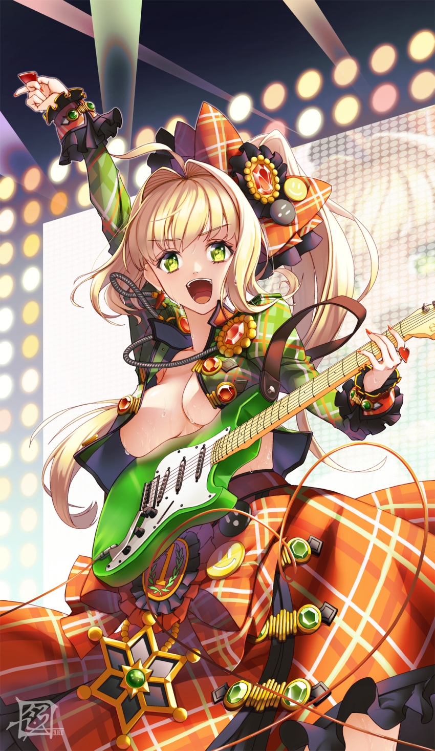 ahoge arm_up blonde_hair blush braid breasts fate/extra fate/grand_order fate_(series) female french_braid green_eyes green_shirt guitar hair_between_eyes hair_intakes hair_ornament highres instrument large_breasts long_hair long_sleeves looking_at_viewer nero_claudius_(fate) nero_claudius_(fate/extra) nero_claudius_(lostroom_outfit)_(fate) official_alternate_costume open_clothes open_mouth open_shirt orange_skirt plectrum shirt side_ponytail skirt smile solo suryua sweat