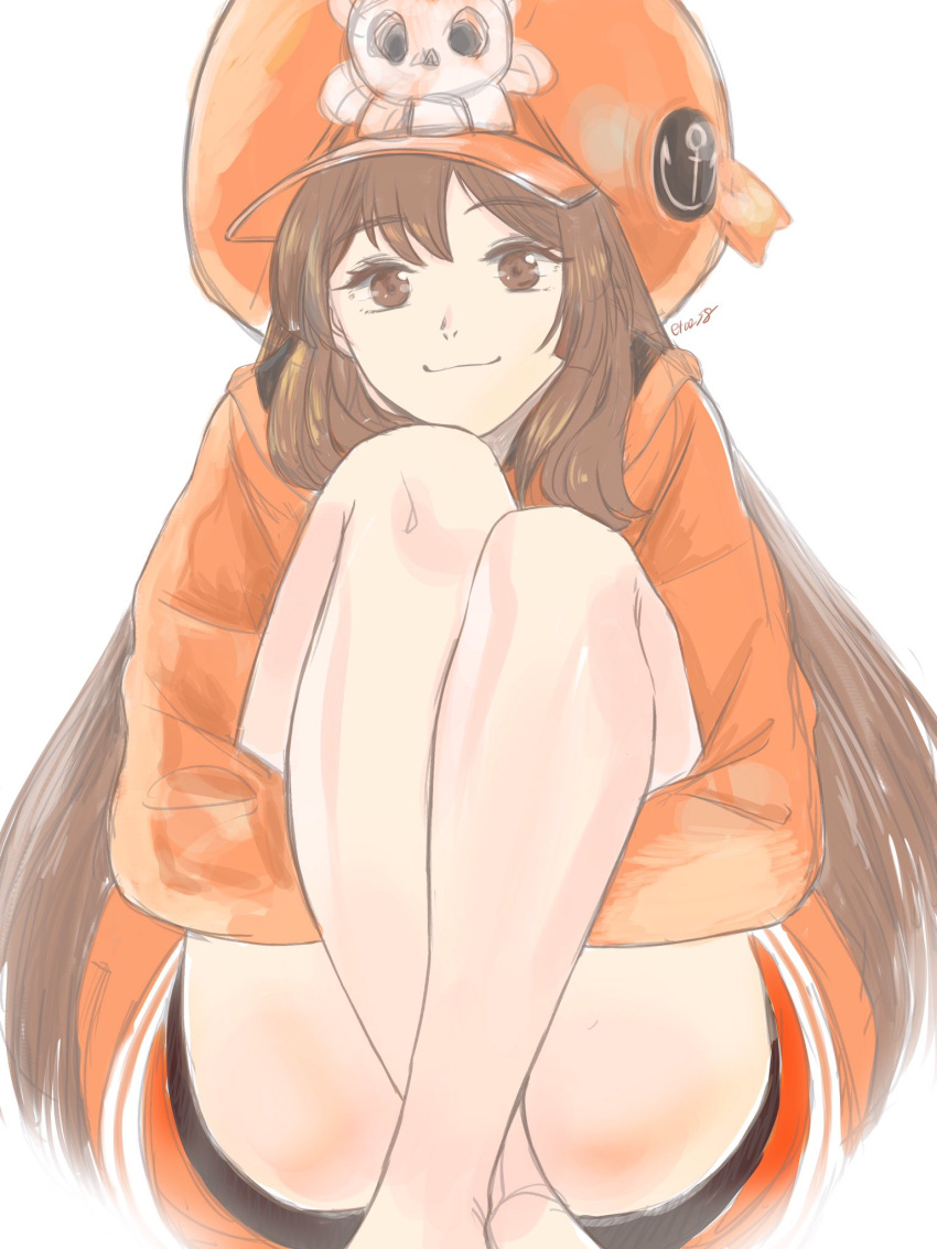 anchor barefoot brown_eyes brown_hair closed_mouth feet_out_of_frame female guilty_gear guilty_gear_strive hat highres hood hoodie long_hair looking_at_viewer may_(guilty_gear) orange_hat orange_hoodie orange_shirt pirate_hat shirt simple_background smile solo toutoumi white_background