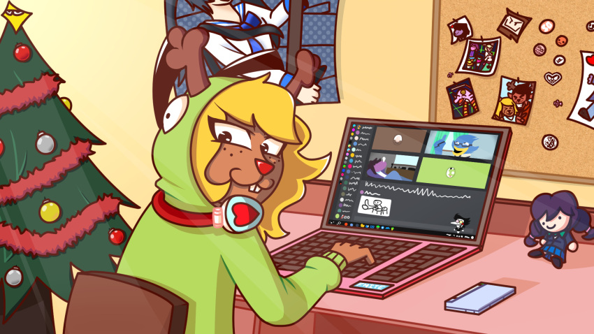 16:9 :3 anthro antlers antonymph berdly blonde_hair cameo chair christmas christmas_tree clothing computer cork_board cosplay crossover crossover_cosplay deer deltarune desk discord_(app) electronics eyewear female fingers freckles friendship_is_magic fur furniture gesture gir_(invader_zim) gir_hoodie glasses hair hand_gesture hands_behind_head hasbro headphones hi_res holidays hoodie horn inside invader_zim john_notwoodman kris_(deltarune) laptop looking_at_viewer looking_back love_live! love_live!_school_idol_project mammal meme my_little_pony nickelodeon noelle_holiday nozomi_toujou photo plant plushie pointing pointing_up poppup_(deltarune) poster ralsei rudolph_holiday siivagunner sitting sleeping smile solo spamton_g._spamton susie_(deltarune) table tan_body tan_fur the_original_starwalker thumbs_up topwear tree tvghost undertale_(series) vylet_pony widescreen wood_man