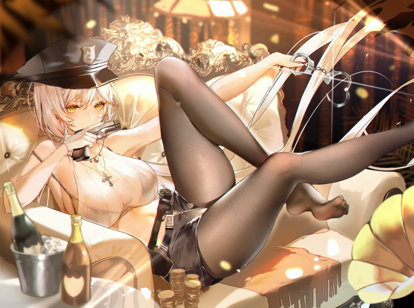 absurdres azur_lane bare_shoulders bikini bikini_top_only bikini_under_clothes black_hat black_pantyhose black_shorts blurry bottle breasts coin covered_mouth crop_top cross cross_necklace cuffs depth_of_field feet female floating_hair foot_out_of_frame foot_up gloves gold_coin gun handcuffs handgun hat highres holding holding_gun holding_handcuffs holding_weapon ice indoors jewelry kirov_(azur_lane) lamp large_breasts leg_up legs long_hair looking_at_viewer necklace no_shoes pantyhose peaked_cap phonograph police_hat reclining see-through see-through_legwear short_shorts shorts sideboob sidelocks sitting solo swimsuit thighs toes very_long_hair weapon white_gloves xiongshouji yellow_eyes zipper zipper_pull_tab