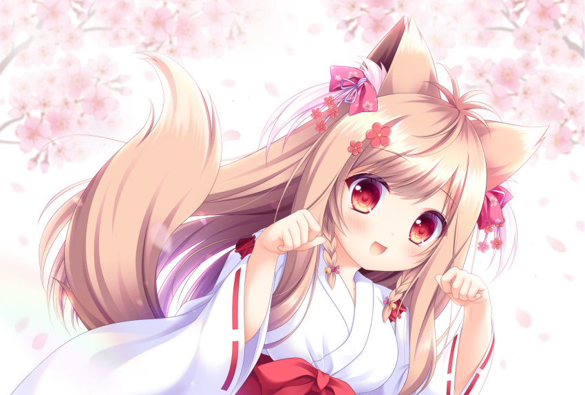 :d animal_ear_fluff animal_ears bad_id bad_pixiv_id bell blurry blurry_background blush bow braid branch breasts brown_hair depth_of_field dutch_angle female floral_print flower fox_ears fox_girl fox_tail hair_bell hair_flower hair_ornament hairbow hands_up japanese_clothes jingle_bell kimono long_hair long_sleeves looking_at_viewer medium_breasts miko mito_kohaku open_mouth paw_pose pink_flower print_bow red_bow red_eyes red_flower ryuuka_sane smile solo tail tail_raised tayutama_2 twin_braids upper_body very_long_hair white_kimono wide_sleeves