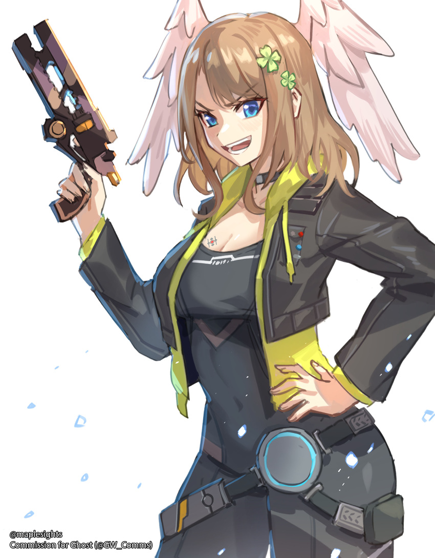 :d absurdres artist_name black_bodysuit black_jacket bodysuit breasts brown_hair cleavage clover_hair_ornament commentary commission covered_navel cowboy_shot cropped_jacket drawstring english_commentary eunie_(xenoblade) feathered_wings female four-leaf_clover_hair_ornament gun hair_ornament hand_on_own_hip head_wings highres holding holding_gun holding_weapon hood hood_down hooded_jacket jacket maplesights medium_breasts open_clothes open_jacket open_mouth smile solo teeth tongue watermark weapon white_background white_wings wings xenoblade_chronicles_(series) xenoblade_chronicles_3 yellow_jacket