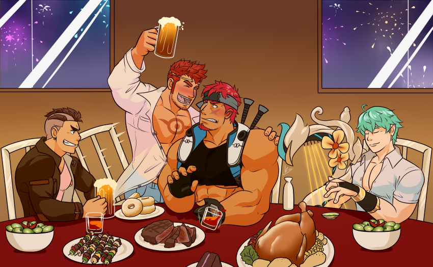 4boys abs absurdres alcohol bara bare_pectorals beer beer_mug biceps brown_hair chair chest_tattoo closed_eyes crop_top cup diadem doughnut facial_hair fingerless_gloves food gany_(gyee) gloves green_eyes green_hair gyee harp headband highres indoors instrument jacket k0utato kong_(gyee) large_pectorals leather leather_jacket looking_at_another male_focus manly mature_male meat mohawk mug multiple_boys muscular muscular_male music musso_(gyee) open_mouth partially_unbuttoned pectorals plate playing_instrument red_hair sake salad salad_bowl scar shirt smile smirk spiked_hair stubble table tattoo teeth thick_arms thick_eyebrows tight_clothes tight_shirt tongue turkey_(food) undercut upper_body voh_(gyee) whiskey yaoi